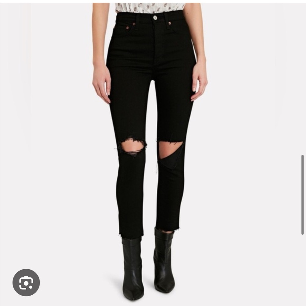 Re/Done Jet Black Ankle Crop Jeans with Rips